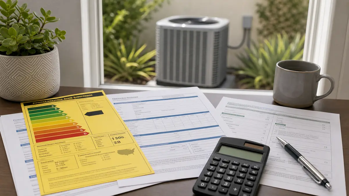 SEER2 nameplate and rebate paperwork for a Carrier install in Burbank, ZIP 91506