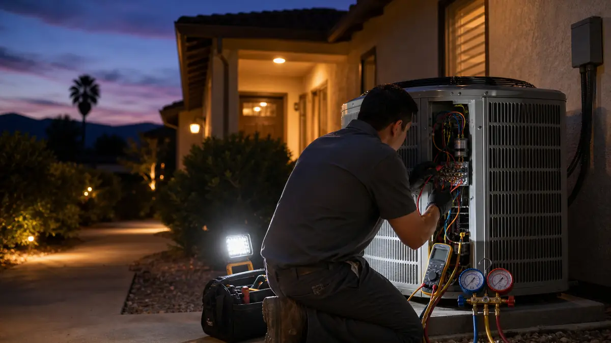 After-hours Carrier condenser repair during a Burbank heat wave in ZIP 91504