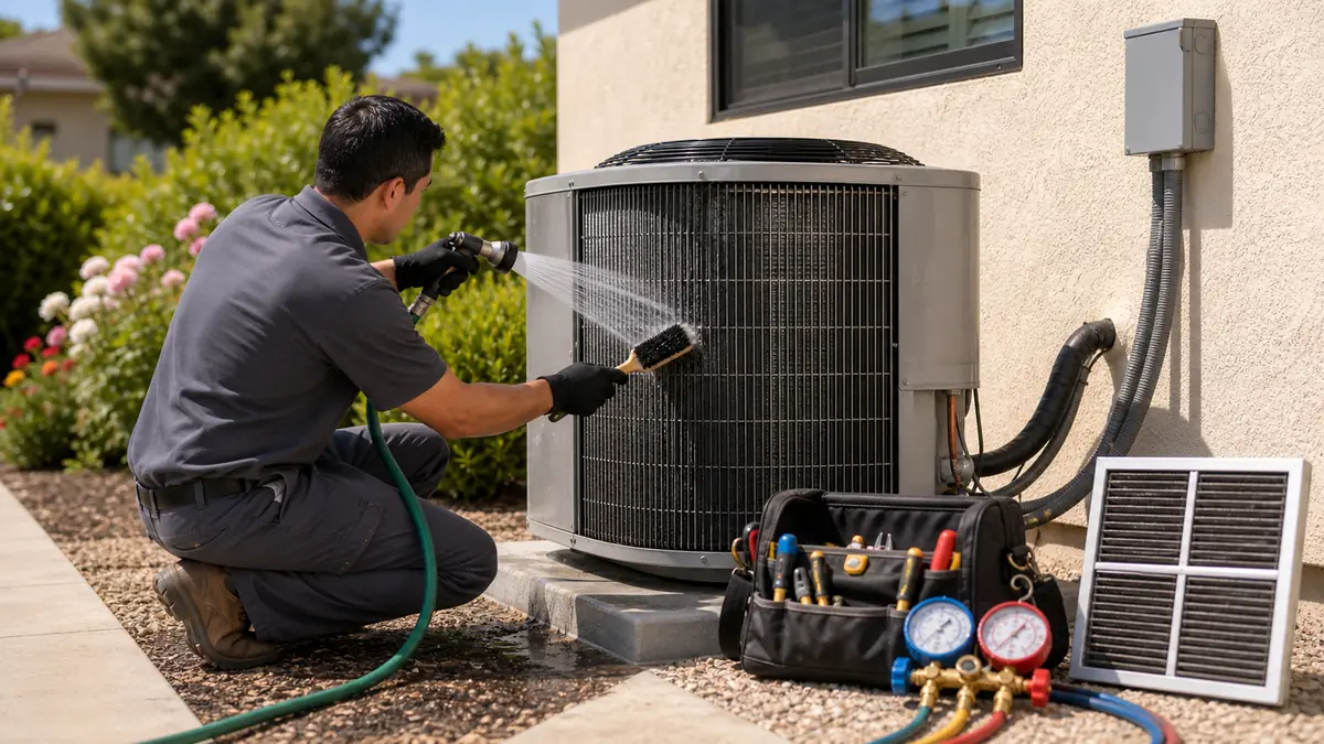 Spring coil cleaning on a Carrier condenser in the Rancho Equestrian District, Burbank 91506